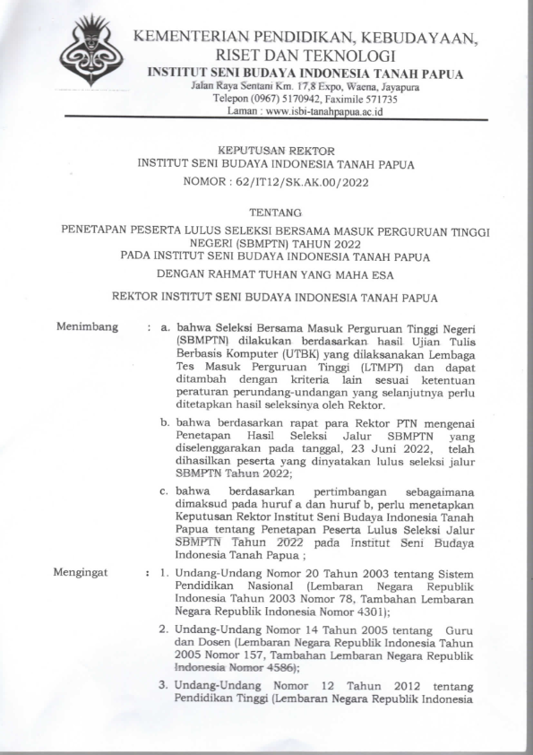 Penetapan Peserta Lulus UTBK SBMPTN - 2022 ISBI Tanah Papua